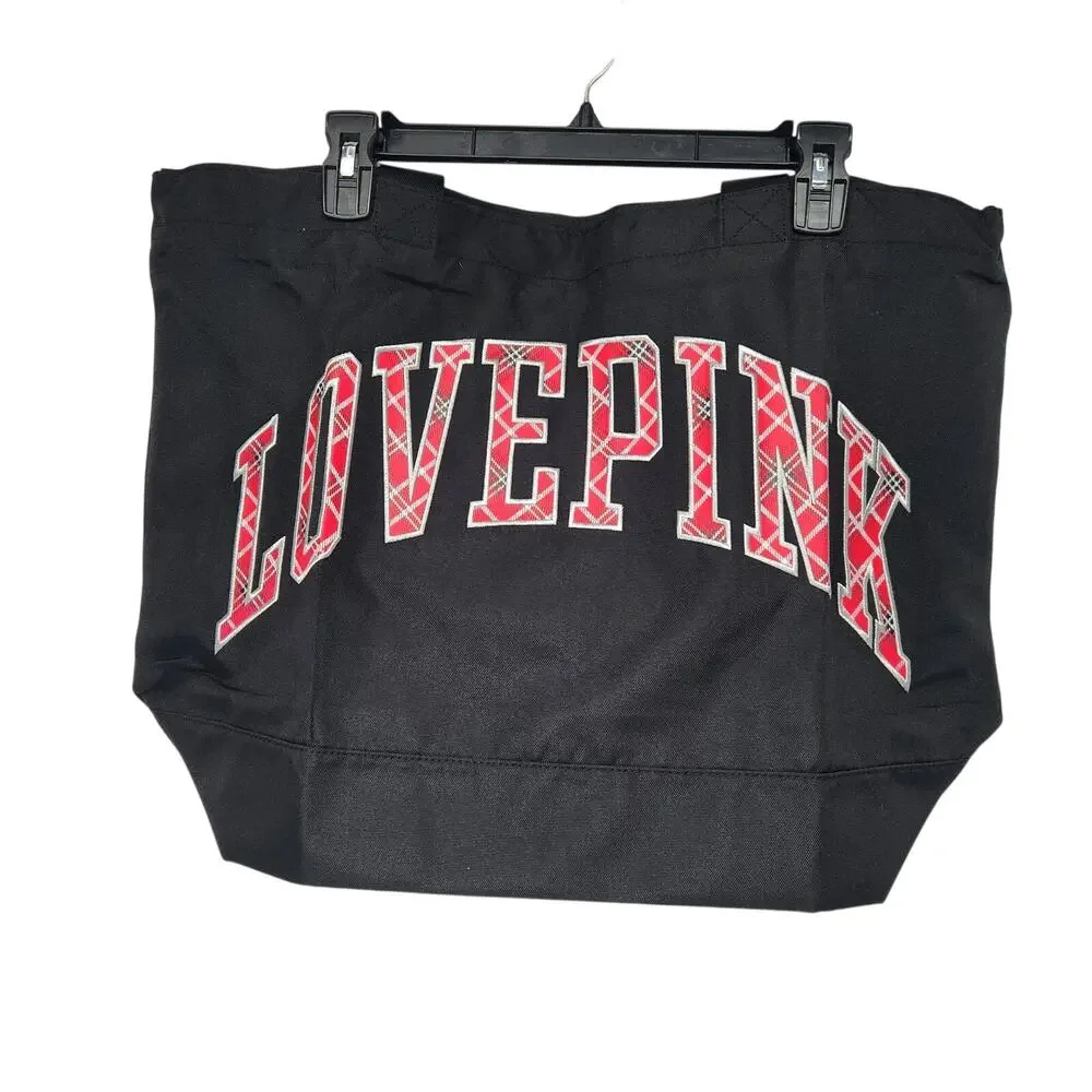 NWT Victoria’s Secret PINK Large Black Plaid Print Love Pink Logo Tote